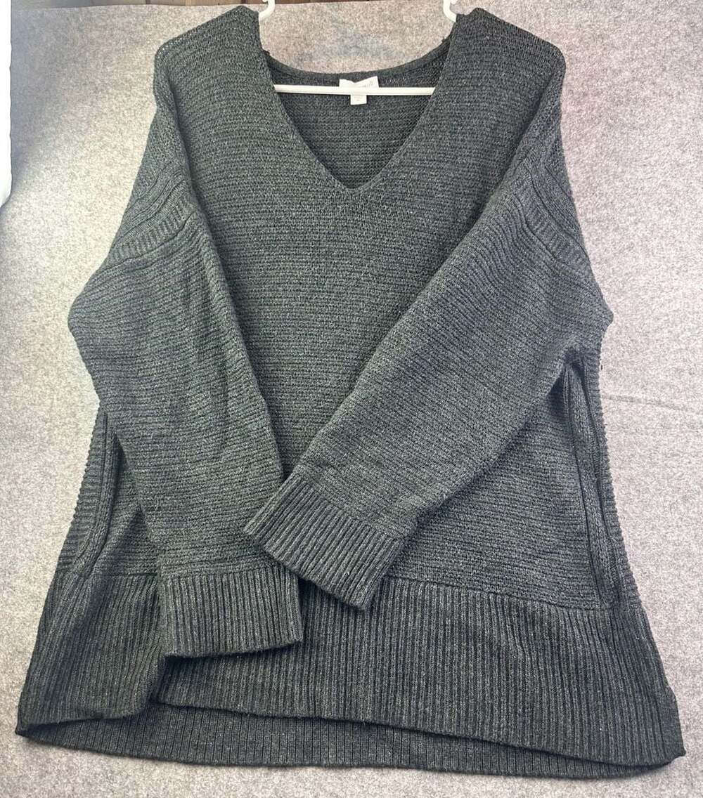 Pure Jill Women's Dark Gray Cotton Cashmere Blend V-Neck Oversized Sweater XL